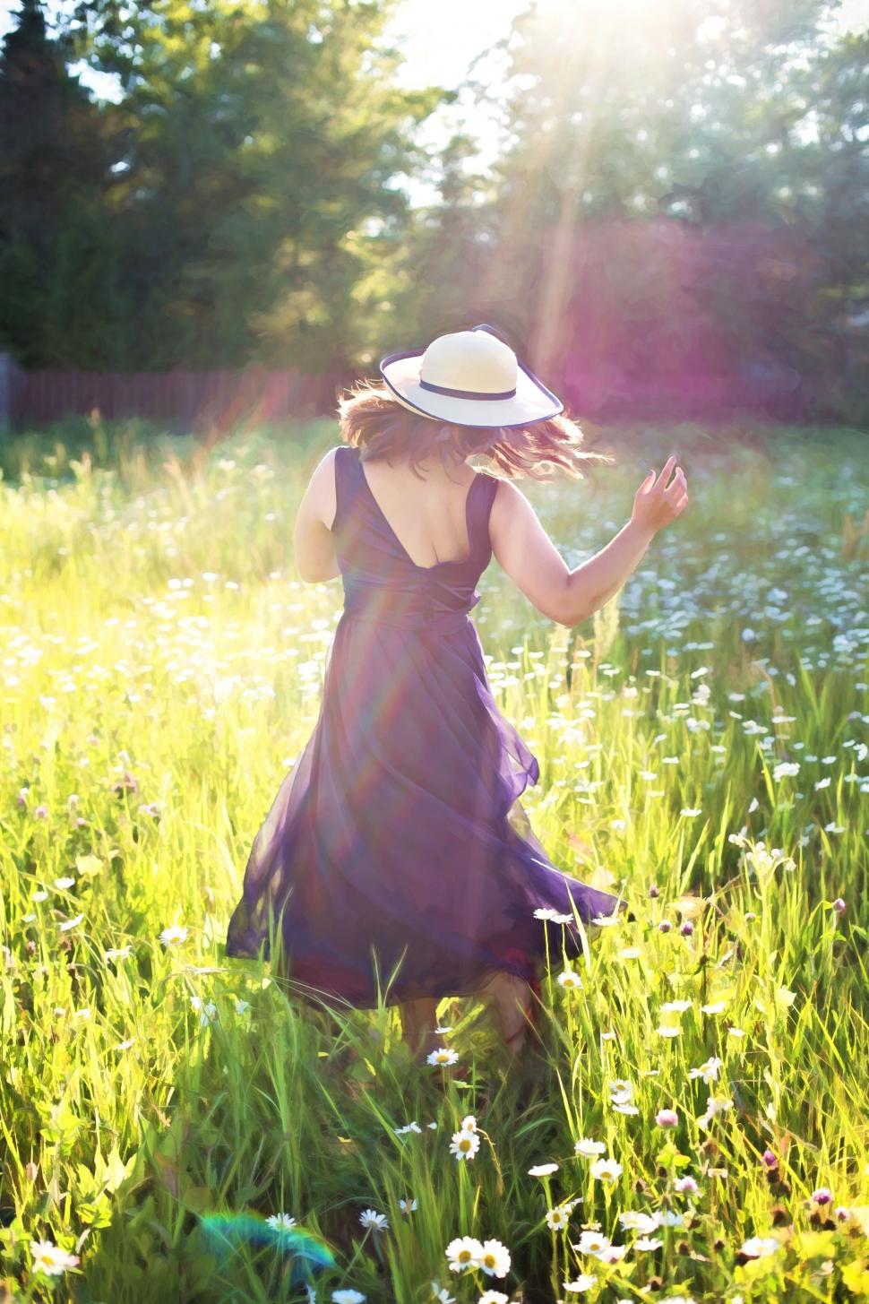 Free Image of Back view of woman in hat in flower field  