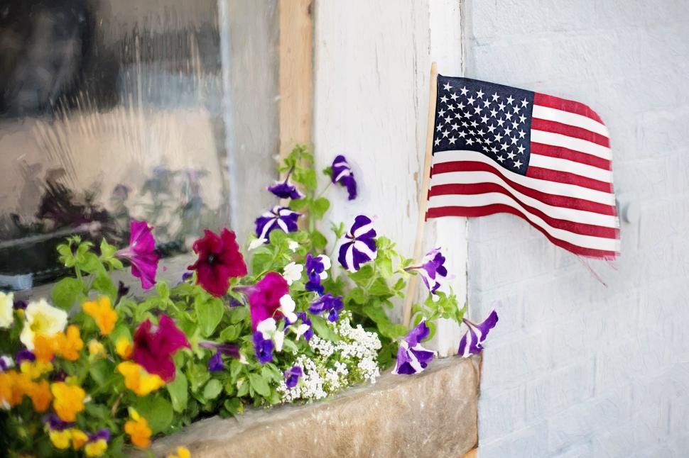 Free Image of Flowers and American Flag 