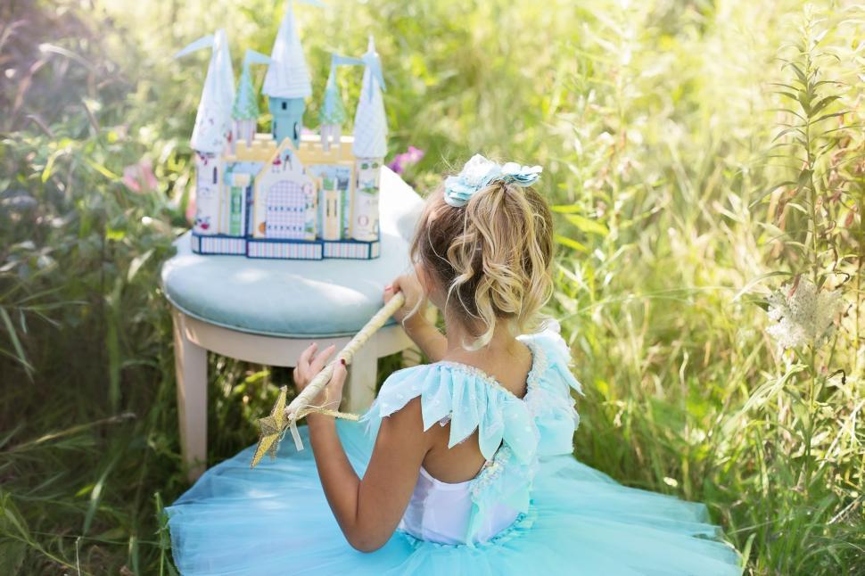 Download Free Stock Photo of Little Girl and Castle Toy in the meadow 