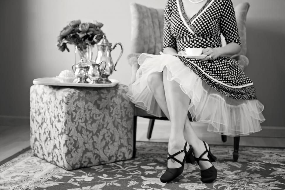 Free Image of Tea Table and Woman - B&W 