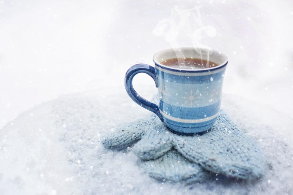 Download Free Stock Photo of Hot Coffee and Gloves in Snow 