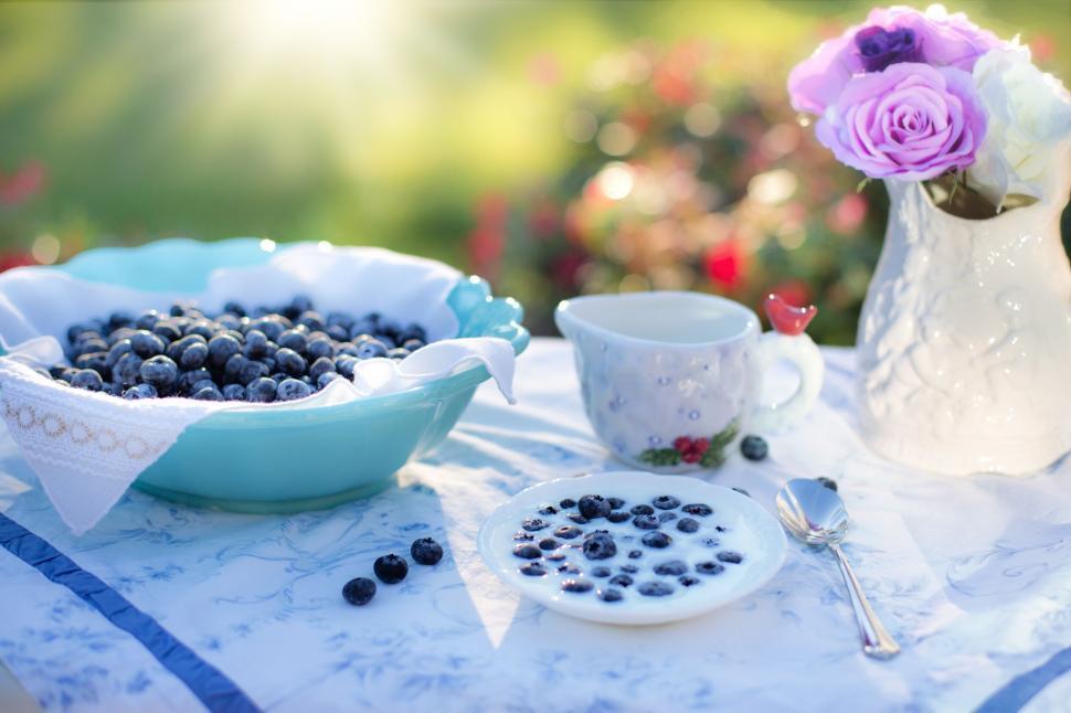 Free Image of Blueberries and Milk With Spoon in Garden 