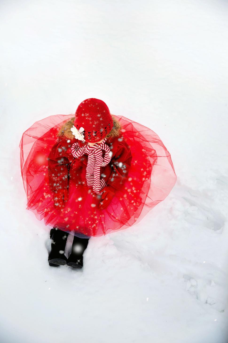 Free Image of Little Girl in red dress in snow  