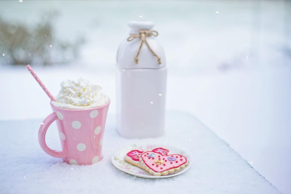 Free Image of Valentine cookies and milk jug 