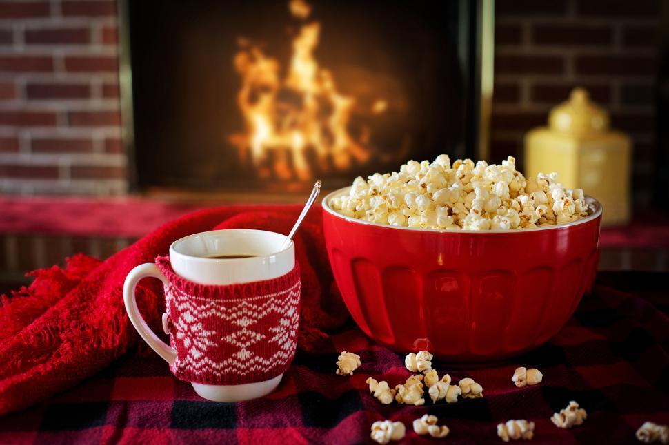 Free Image of Coffee Cup and pop corn in red bowl  