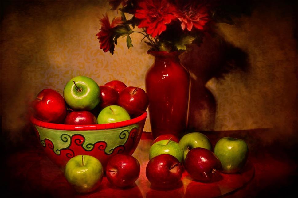 Free Image of Apples and Flowers in Red Vase 