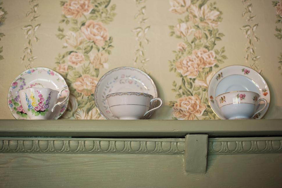 Free Image of Assorted Teacups and saucers  
