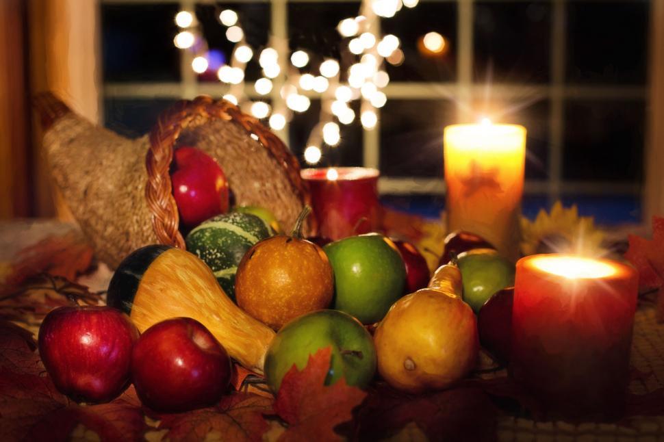 Download Free Stock Photo of Cornucopia with fruits and bokeh lights 