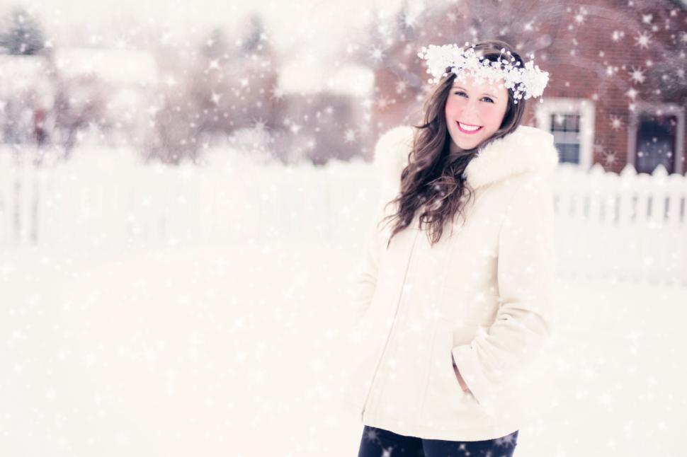 Free Image of Woman in Snow With Winter Jacket - looking at camera  