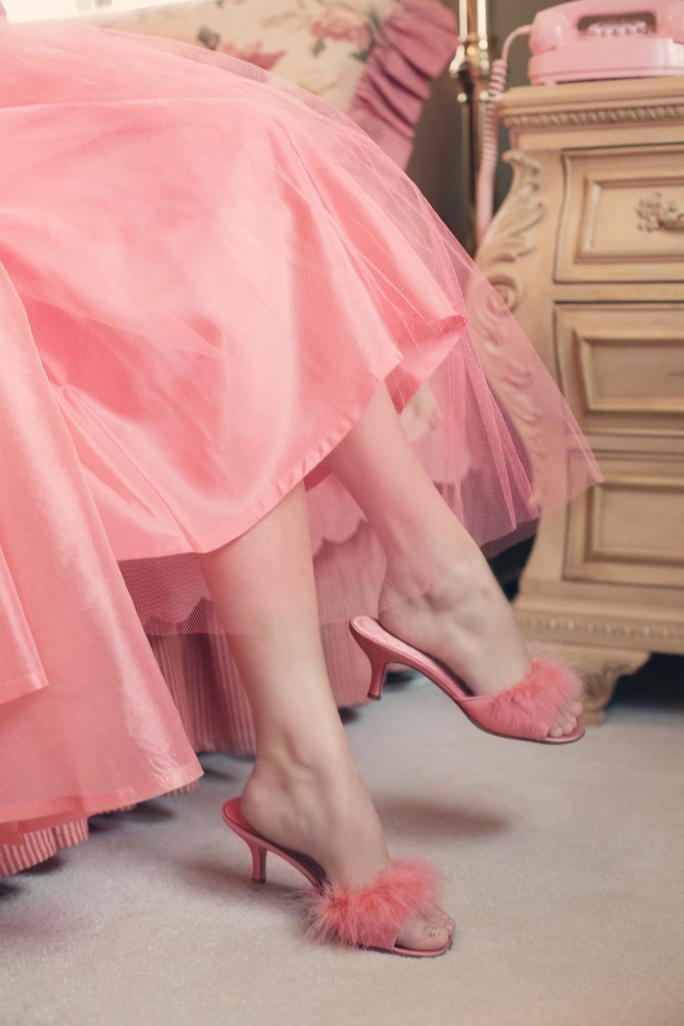 Free Image of Woman Legs With Pink heels in Bedroom 