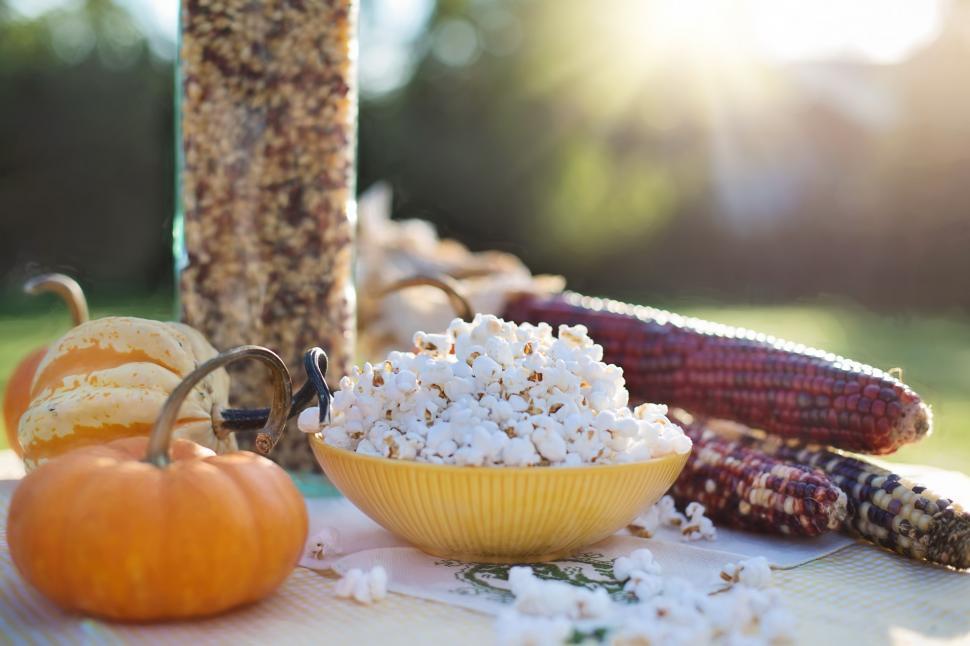 Free Image of Popcorn and pumpkins with corn  