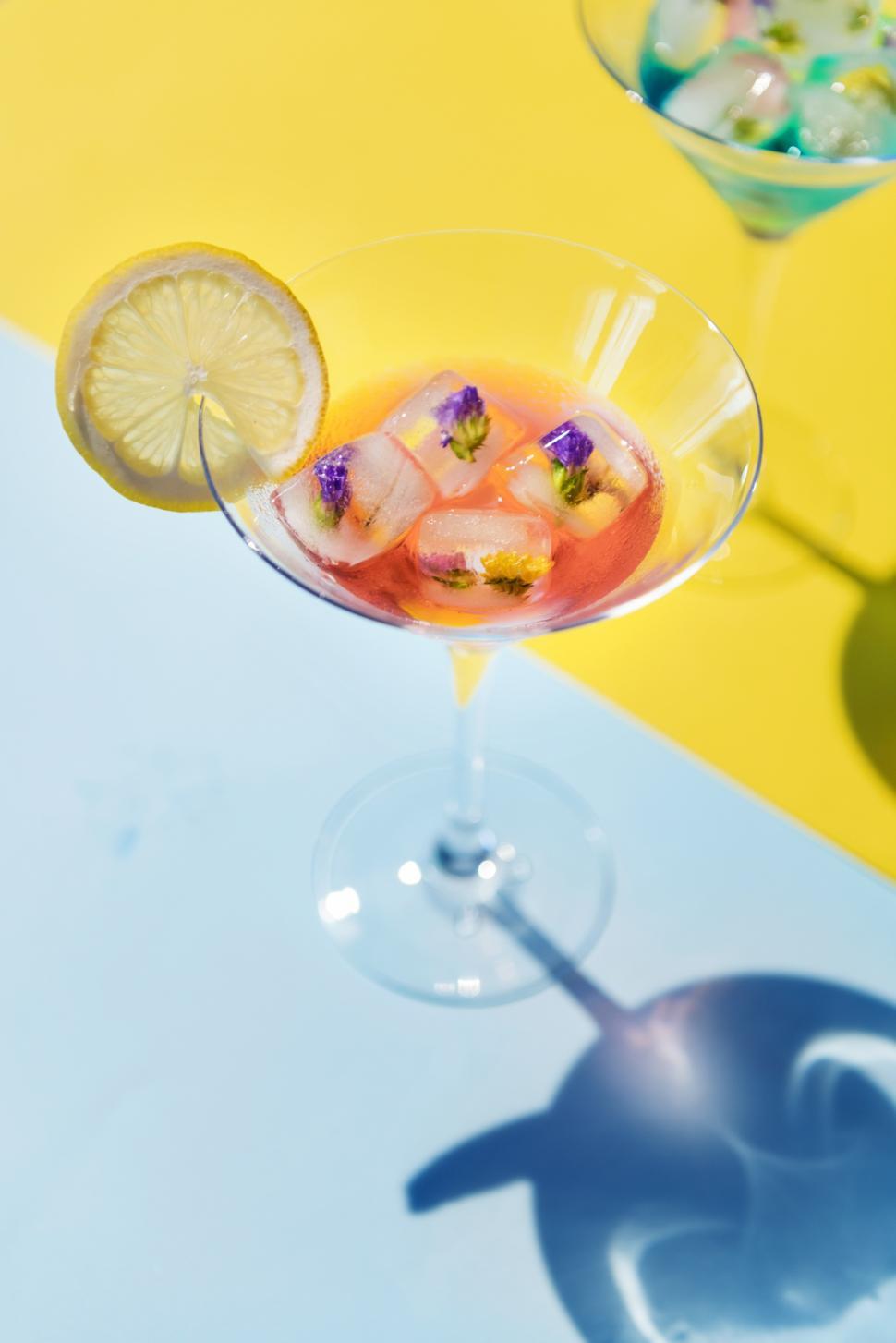 Free Image of Edible flower ice cubes in martini glasses 