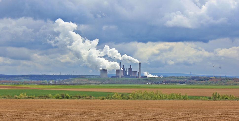 Free Image of Power plant and smoke stacks with agricultural land 