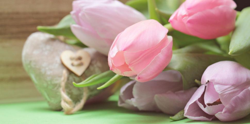 Free Image of Pink tulips bouquet with heart 