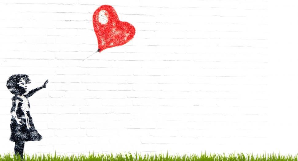 Free Image of Little Girl and Red Heart Balloon - Graffiti 