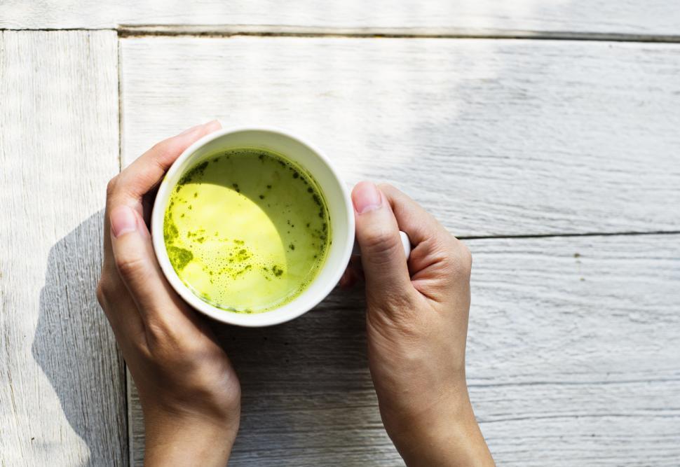 Free Image of Overhead view of a cup of Matcha green Tea 