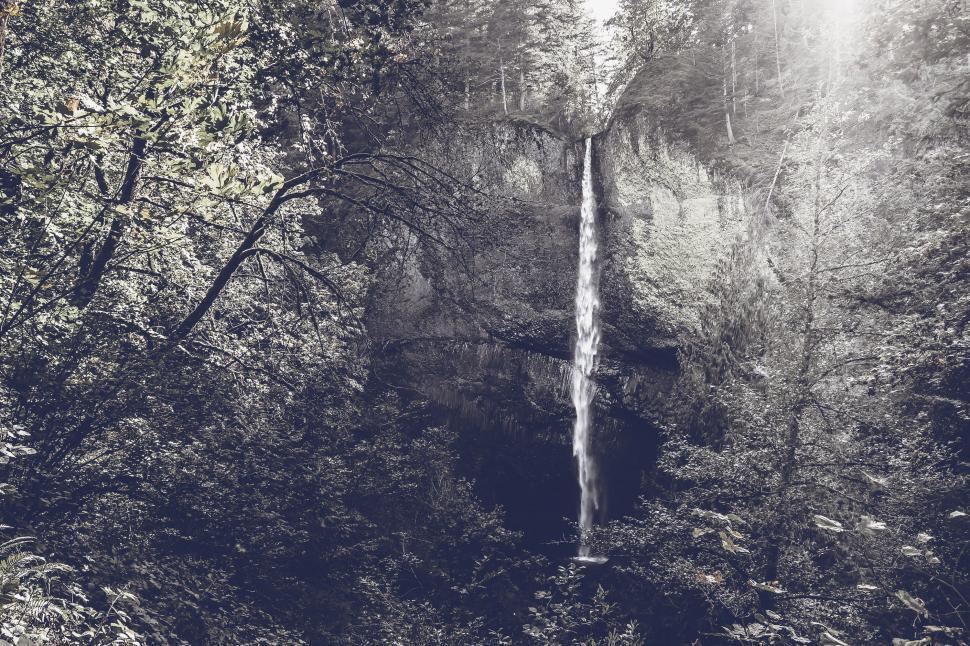 Free Image of Latourell Falls, Low Saturation view of waterfall in forest 