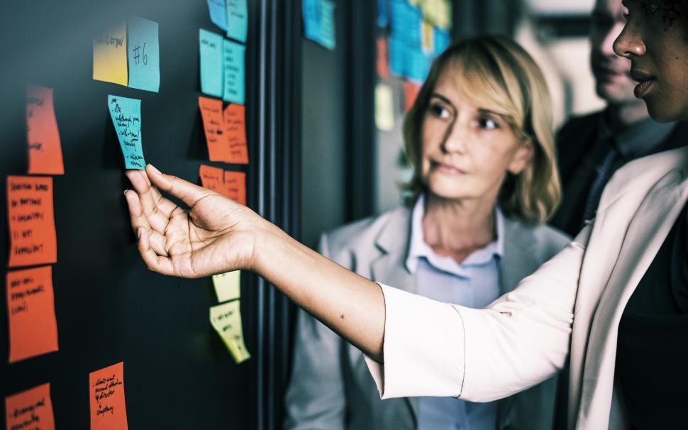 Free Image of A business woman looks at sticky notes on the notice board 