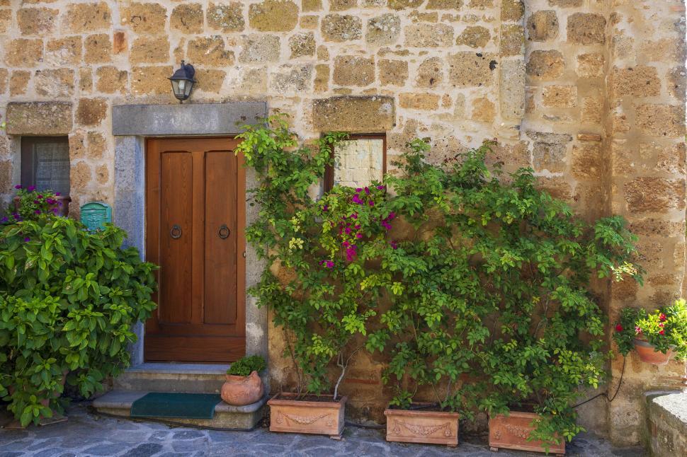 Free Image of Brown door with flower boxes 