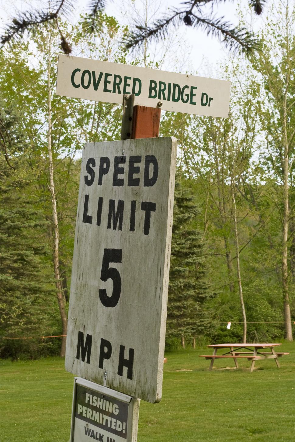 Free Image of Covered Bridge Dr. and Speed limit sign 