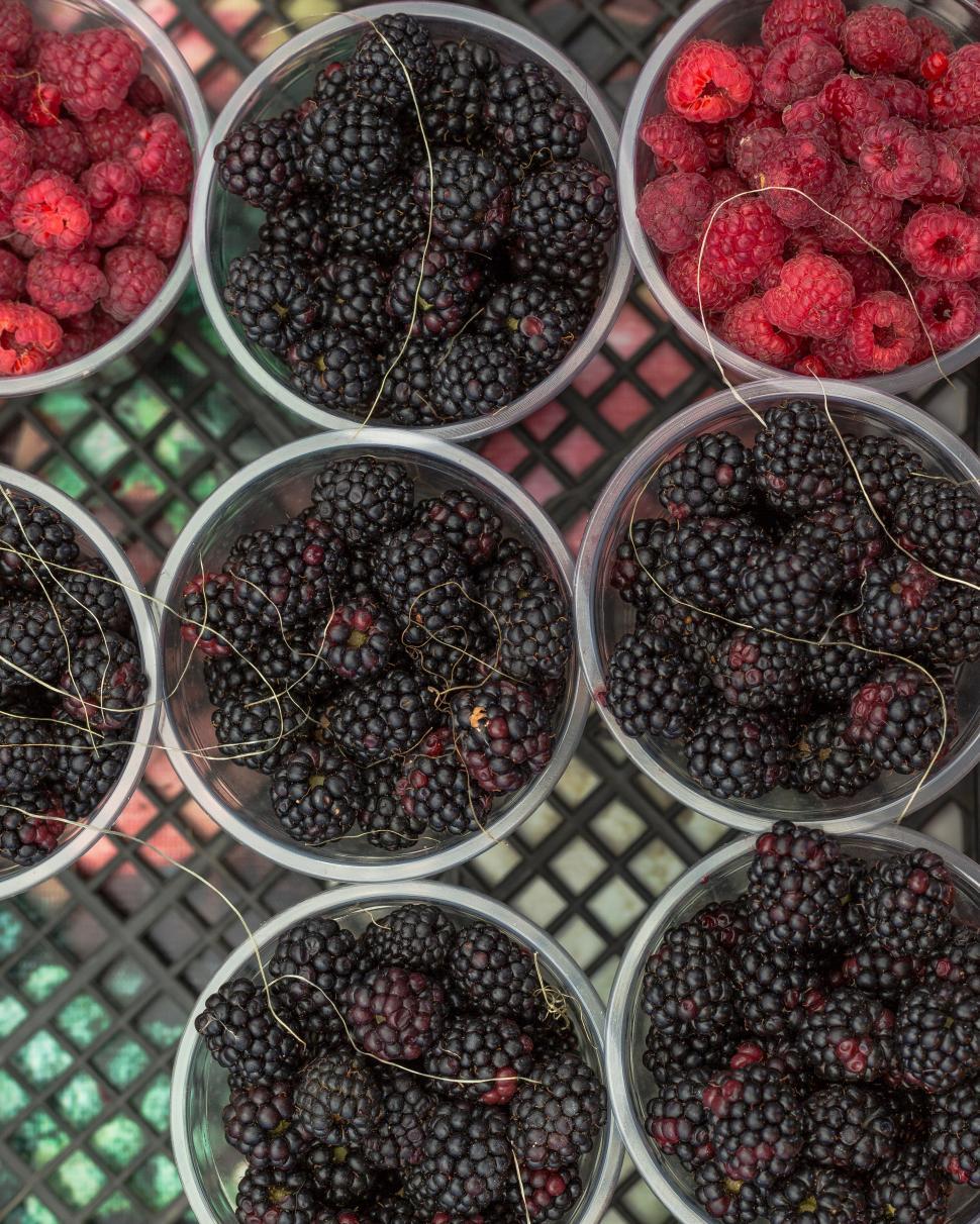 Free Image of Overhead view of raspberries and blackberries 
