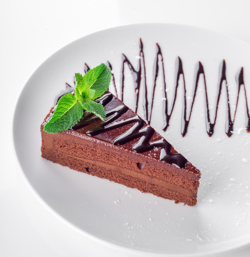 Free Image of Slice of Chocolate cake on white serving plate 