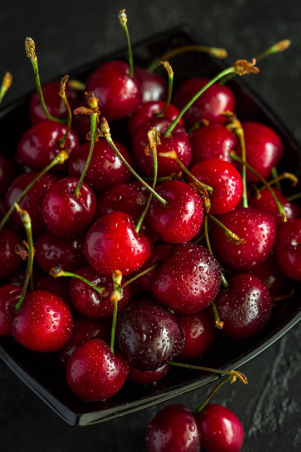 Free Image of Overhead view of bright red cherries 