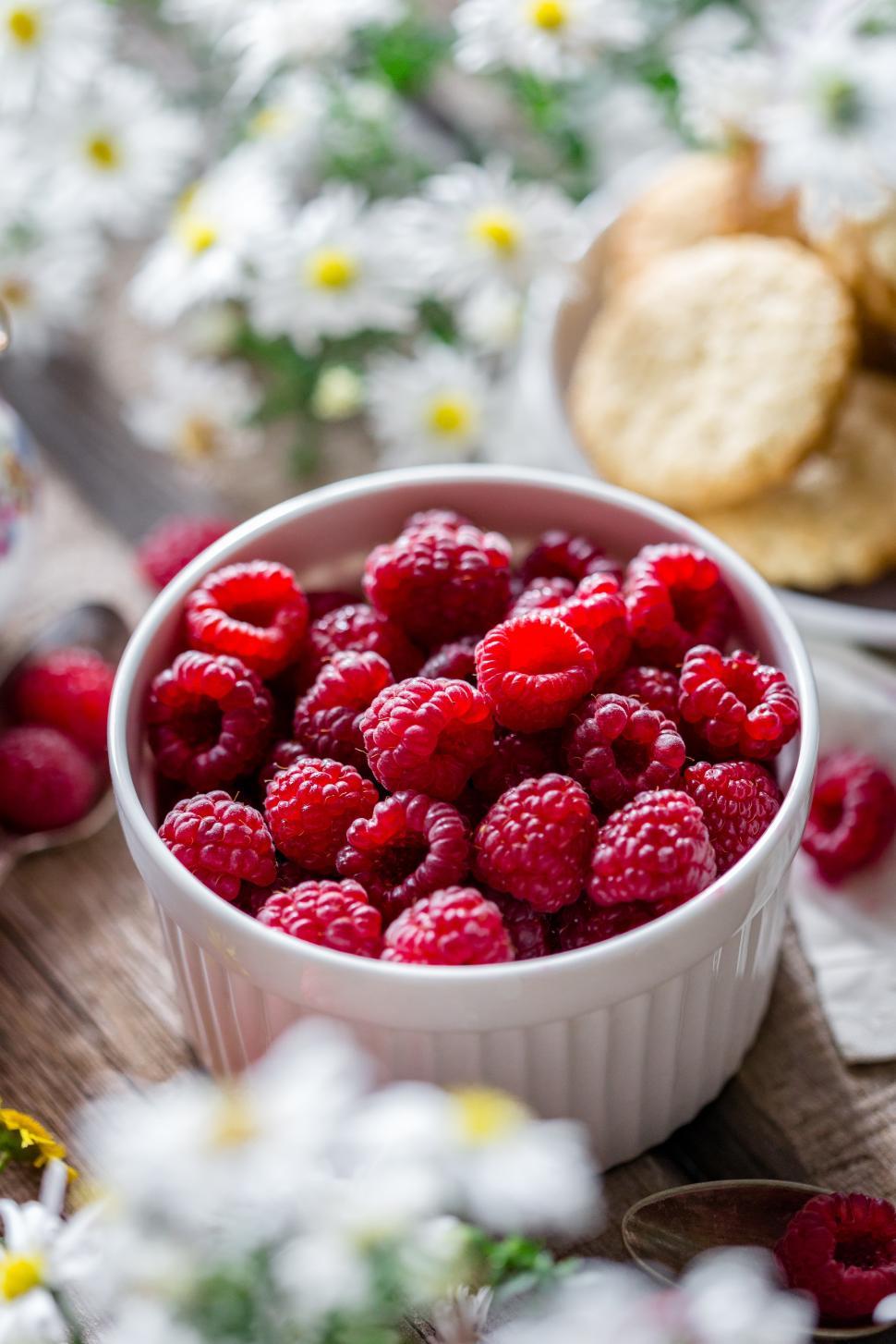 Free Image of Close up of a bowl of raspberries 