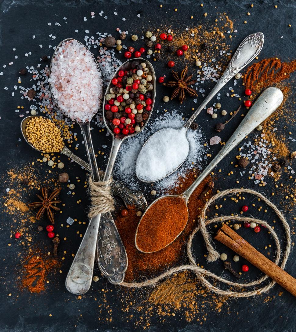 Free Image of Overhead view of raw and grounded spices in spoon 