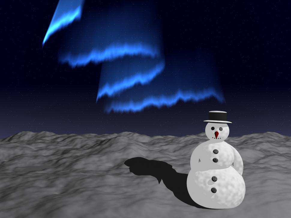 Free Image of Snowman in the snow under the Aurora Borealis 