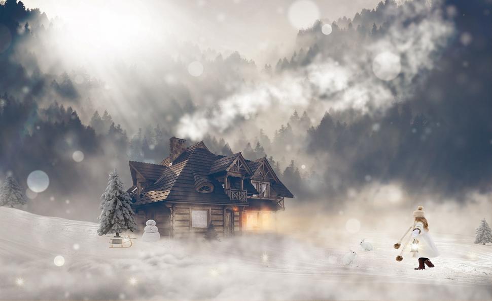 Free Image of Photo Illustration of Snowy House Scene 