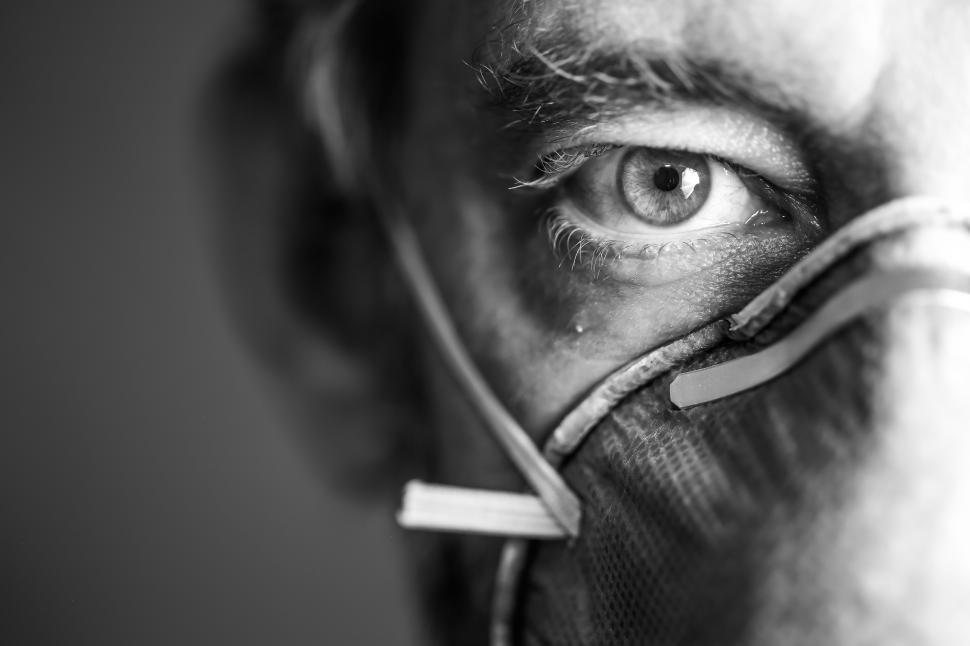 Download Free Stock Photo of Black and White Close up of Man Wearing Respirator Mask  