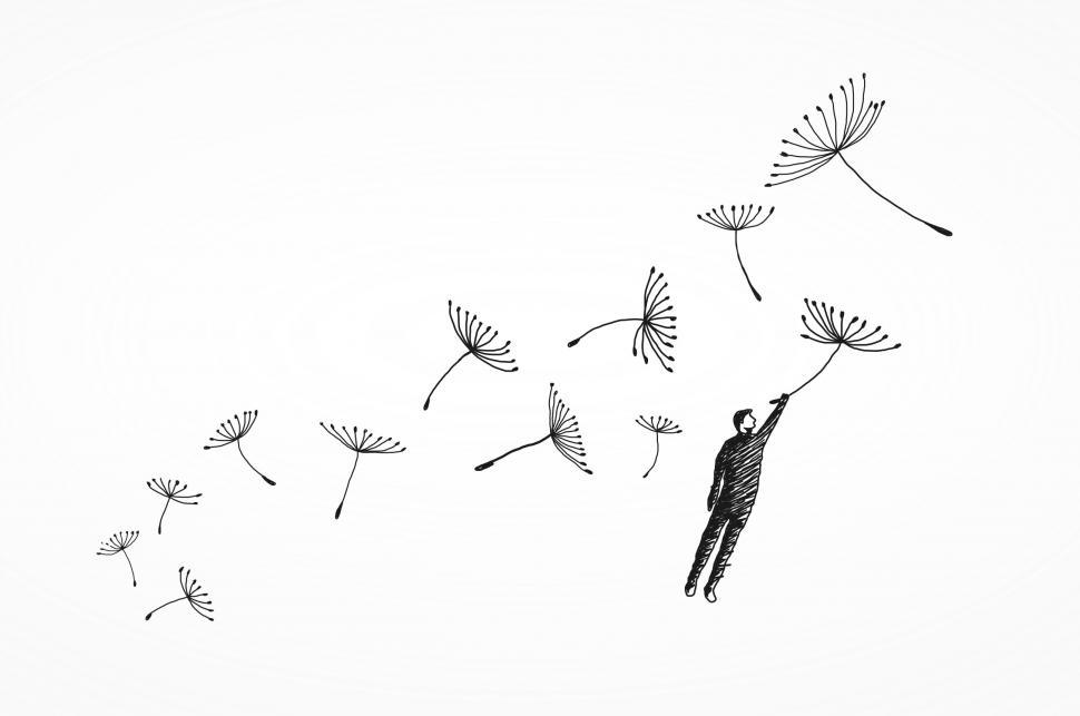 Free Image of Freedom Concept - Hand Drawn - Man Flying with Flowers in the Wind  