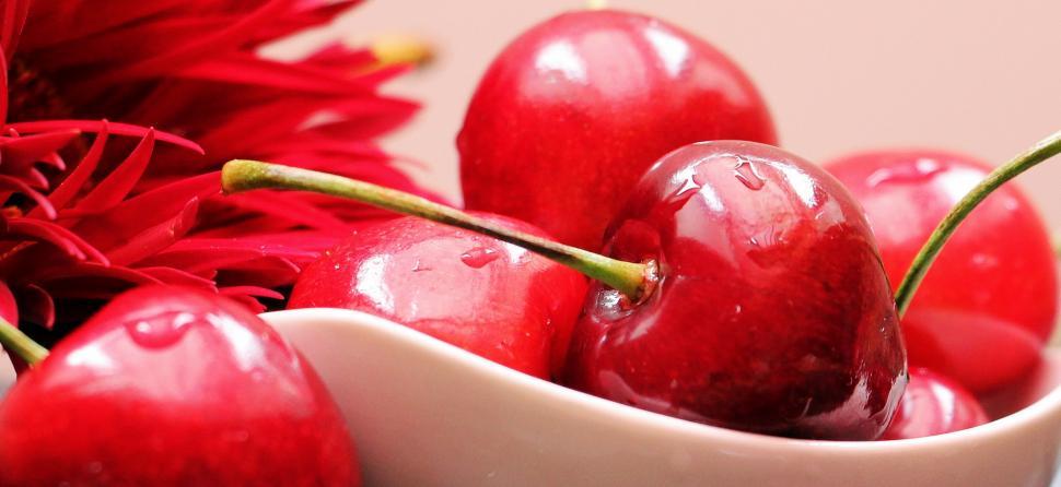 Free Image of Ripe red cherries with stem 