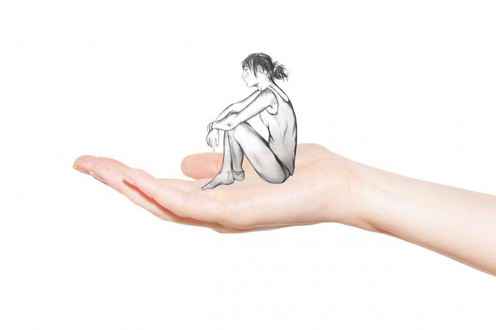 Free Image of Resting Girl on Open Palm - Sad Ballerina - Pencil Drawing 