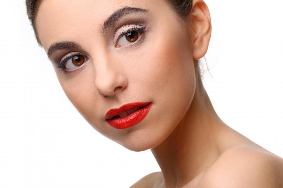 Free Image of Angled view of beautiful girl with perfect skin and red lipstick 