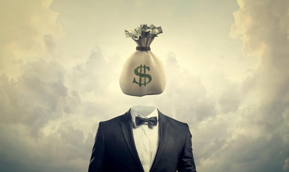 Free Image of Greed Concept - Businessman with Bag of Money for a Head 