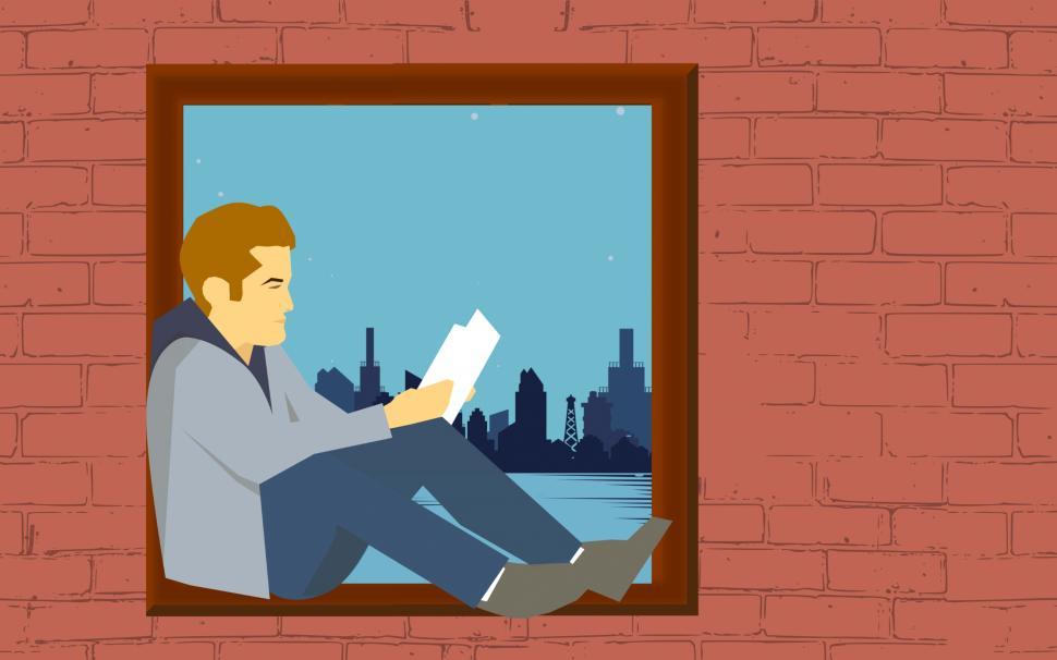Free Image of Man Sitting on Window Sill Reading Book 