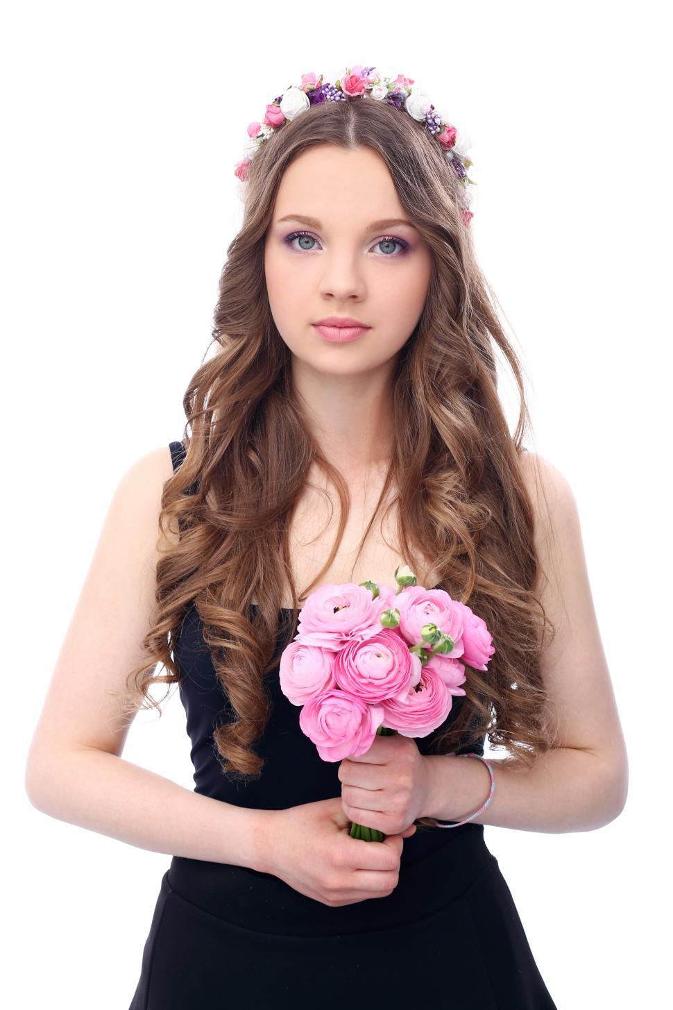 Free Image of Beautiful girl with spring flowers 