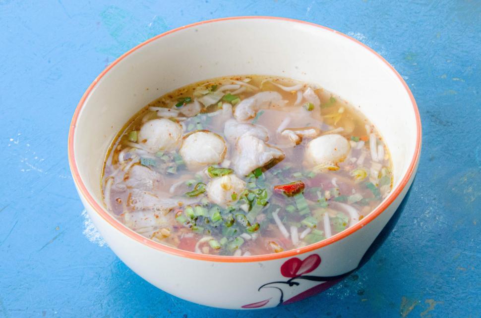 Free Image of Noodle Soup on Blue Table 