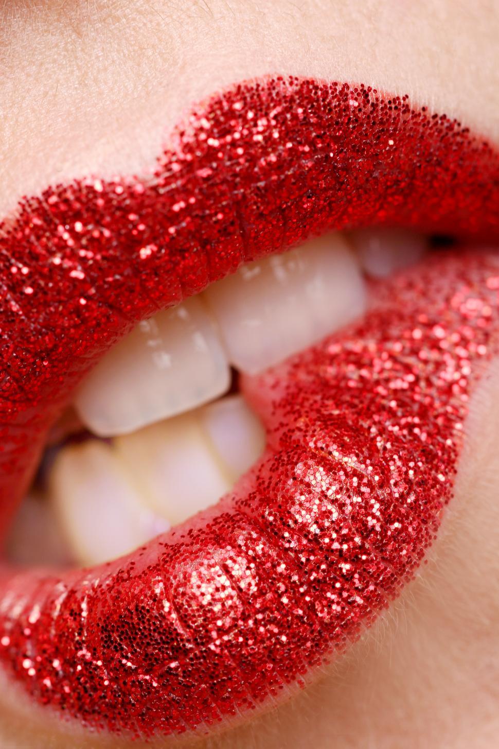 Free Image of lips with sparkly red lipstick 
