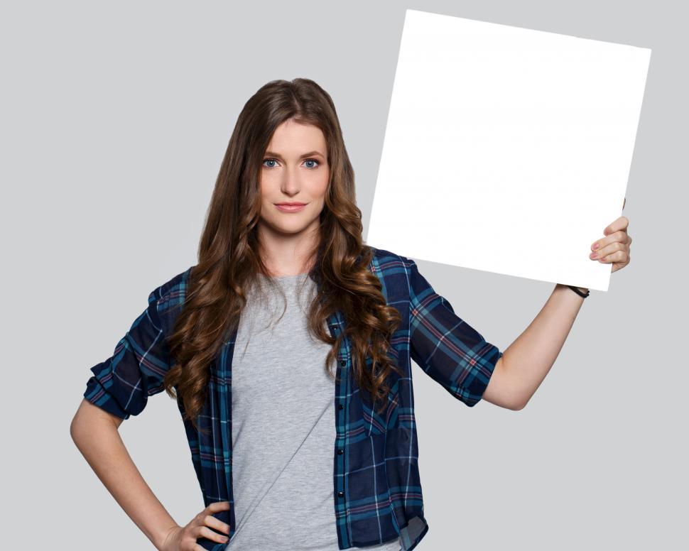 Free Image of Woman with square white blank sign 