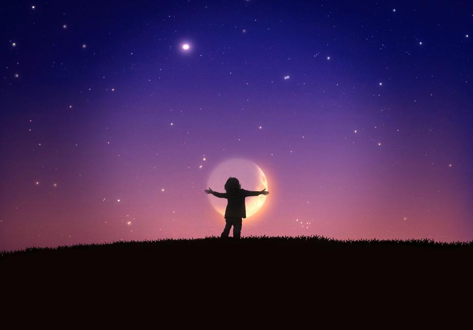 Download Free Stock Photo of Little Child Hugging the Moon - Child Embracing the Moon - Imagi 