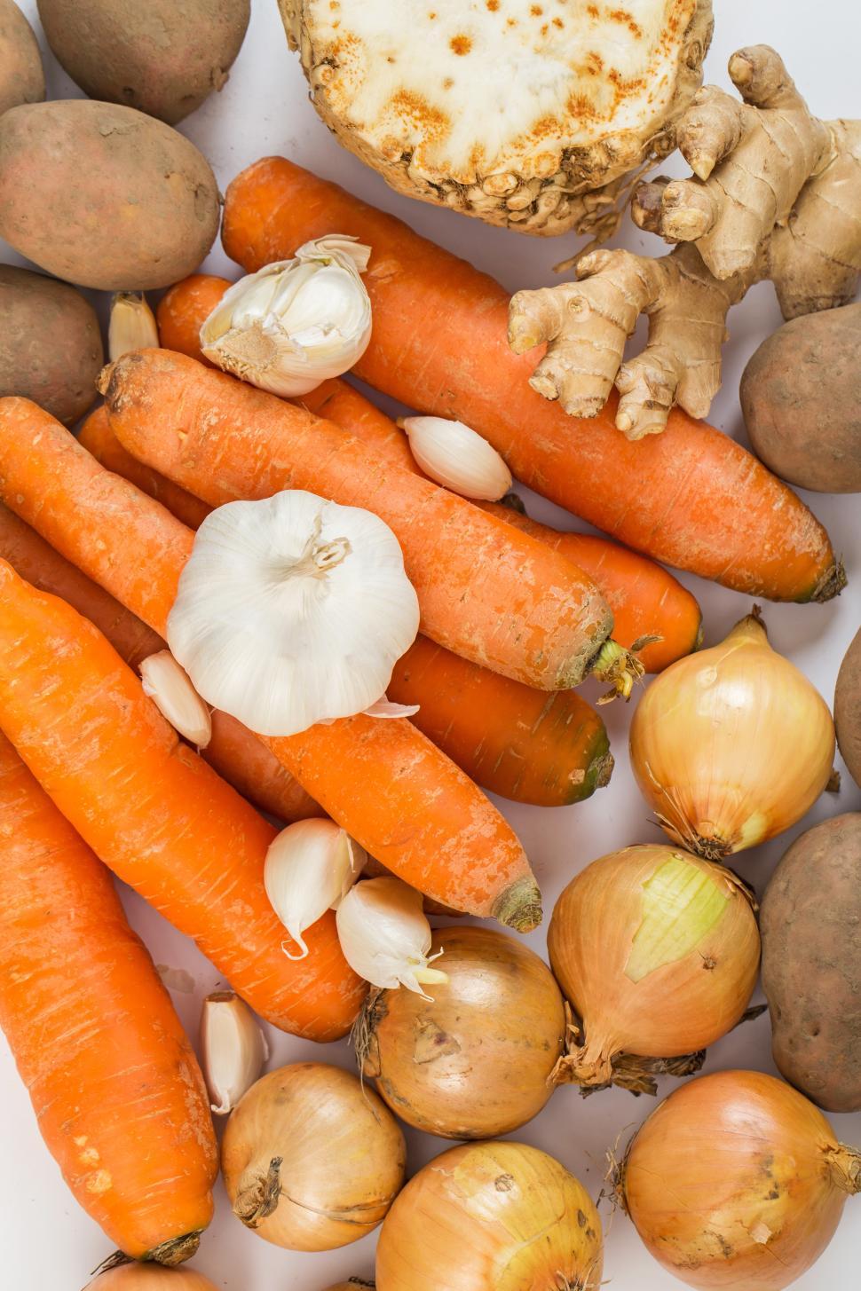 Free Image of Vegetables laid out on a white background 
