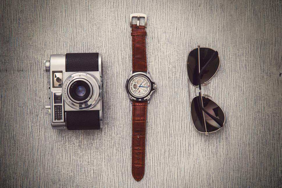 Free Image of Watch, sunglasses and retro camera 