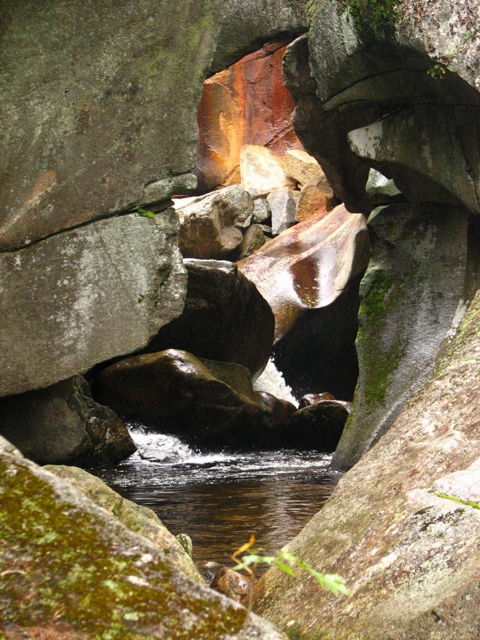 Free Image of Stream Flowing Between Two Large Rocks 