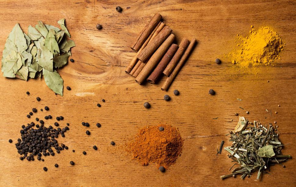 Free Image of Heaps of various spices on the table 