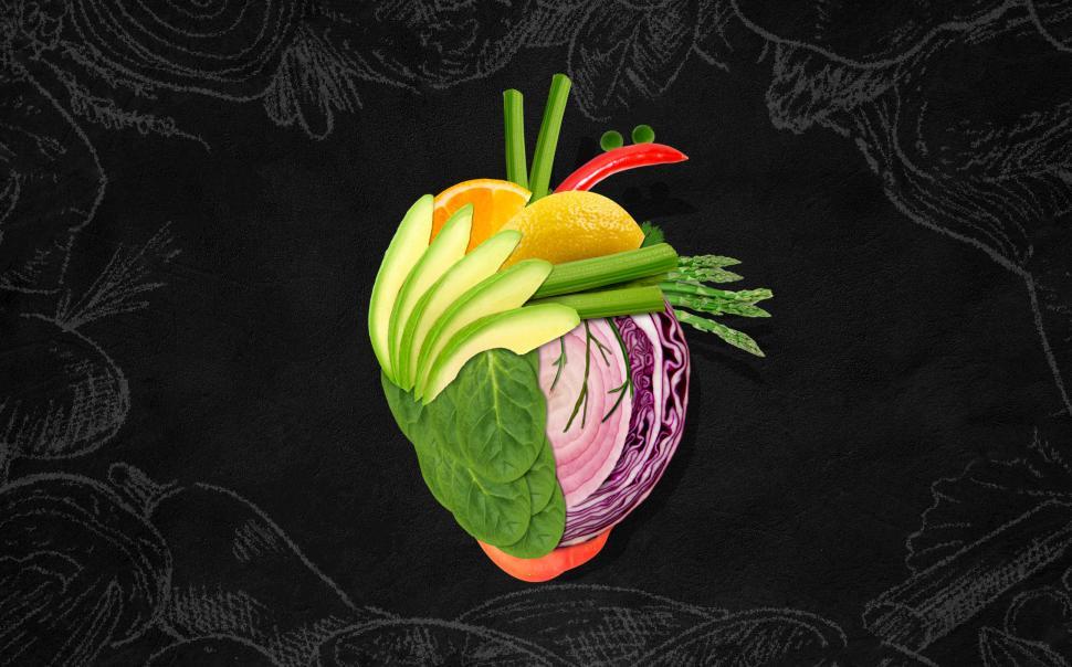 Download Free Stock Photo of Healthy Eating - Heart Made of Fruits and Vegetables on Blackboa 