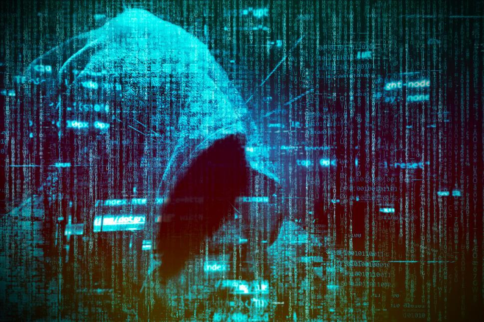 Download Free Stock Photo of Computer Hacker over Computer Code - Blue Version 