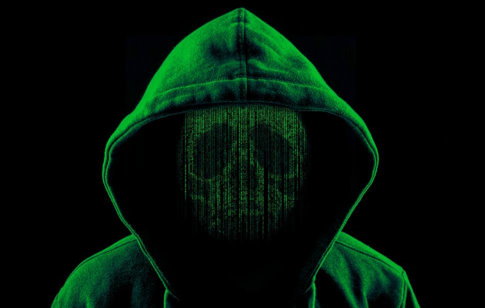 Download Free Stock Photo of Hooded Hacker as a Skull of Computer Code - Green Version 